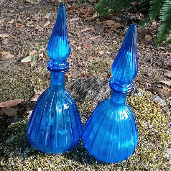 Vintage MCM Empoli Art Glass Cobalt Blue Genie Bottle Set Pair (2)